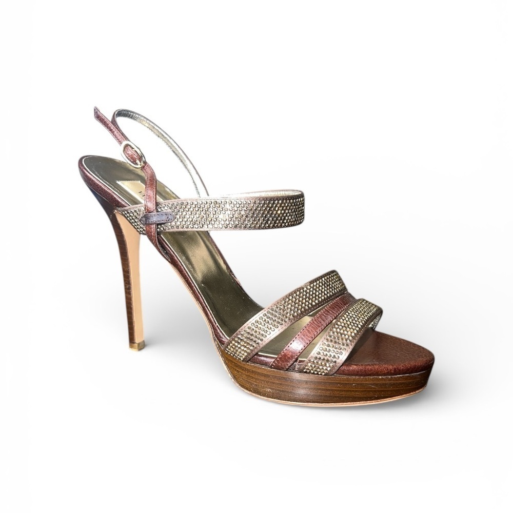 Valentino Size 39.5 Gold Bronze Studded Slingback Platform Rhinestone Heels New